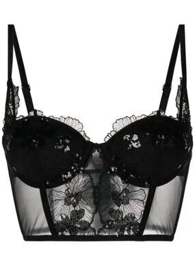 FLUER DU MAL Cropped Sheer Black Sequin Bustier Bralette Top US4 $245 RRP